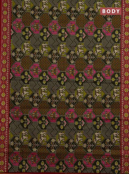 Muslin cotton saree olive green and maroon with allover patola prints and printed border