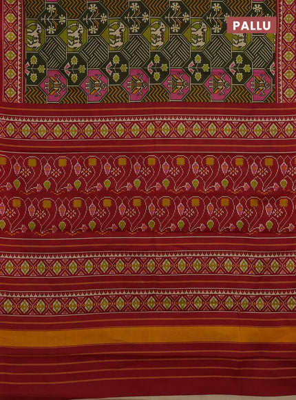 Muslin cotton saree olive green and maroon with allover patola prints and printed border