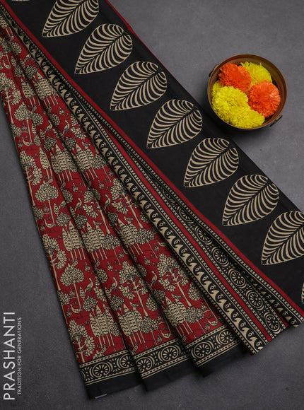 Muslin cotton saree maroon and black with allover kalamkari prints and printed border