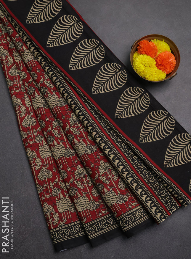 Muslin cotton saree maroon and black with allover kalamkari prints and printed border