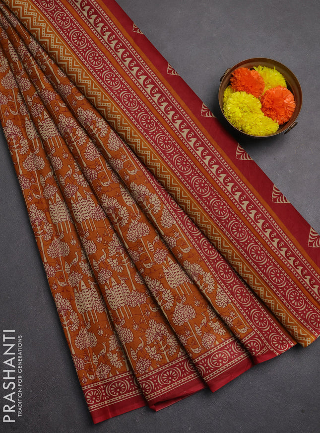 Muslin cotton saree dark mustard and maroon with allover kalamkari prints and printed border
