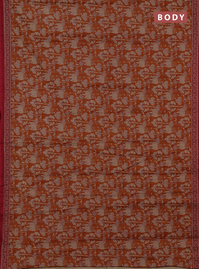 Muslin cotton saree dark mustard and maroon with allover kalamkari prints and printed border