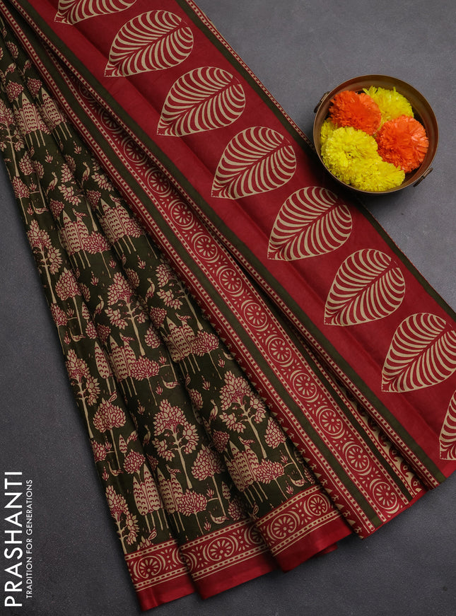 Muslin cotton saree olive green and maroon with allover kalamkari prints and printed border