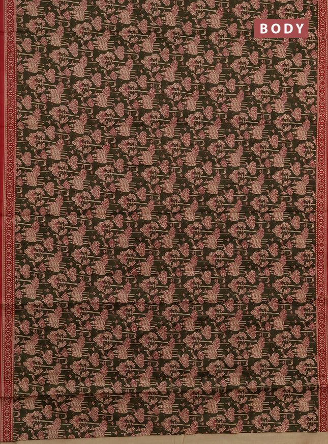 Muslin cotton saree olive green and maroon with allover kalamkari prints and printed border