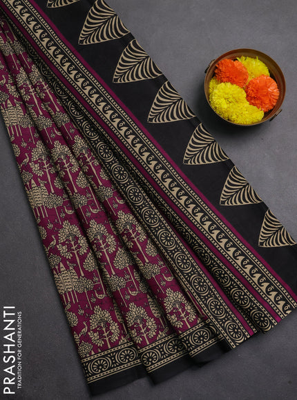 Muslin cotton saree magenta pink and black with allover kalamkari prints and printed border