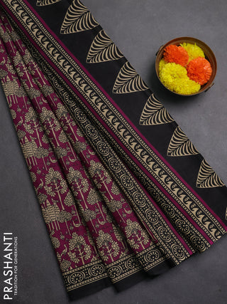 Muslin cotton saree magenta pink and black with allover kalamkari prints and printed border