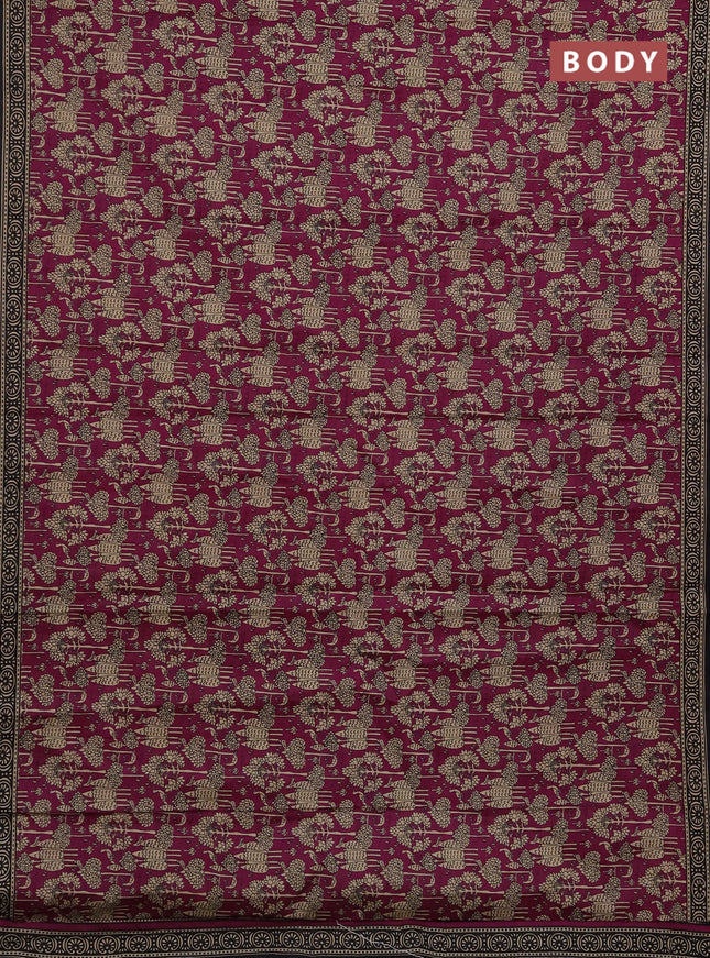 Muslin cotton saree magenta pink and black with allover kalamkari prints and printed border