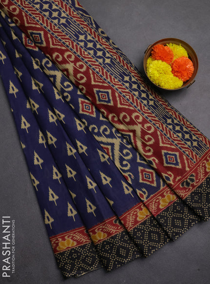 Muslin cotton saree navy blue and black with allover ikat butta prints and printed border