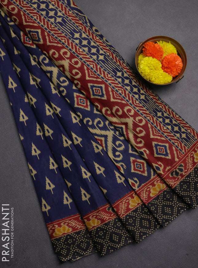 Muslin cotton saree navy blue and black with allover ikat butta prints and printed border