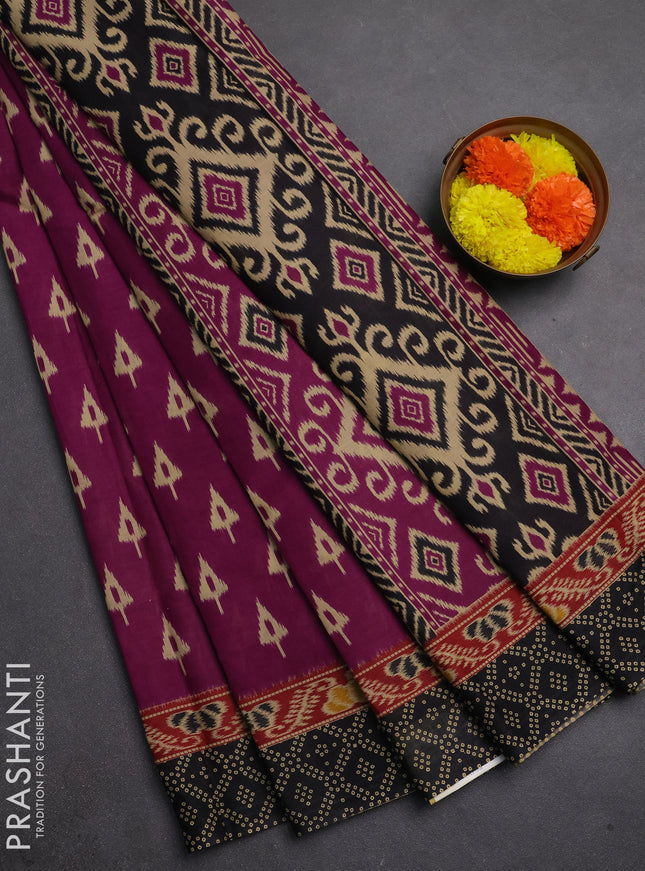 Muslin cotton saree magenta pink and black with allover ikat butta prints and printed border