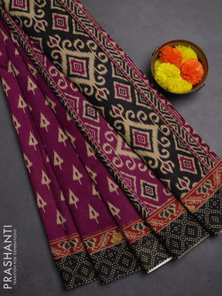 Muslin cotton saree magenta pink and black with allover ikat butta prints and printed border