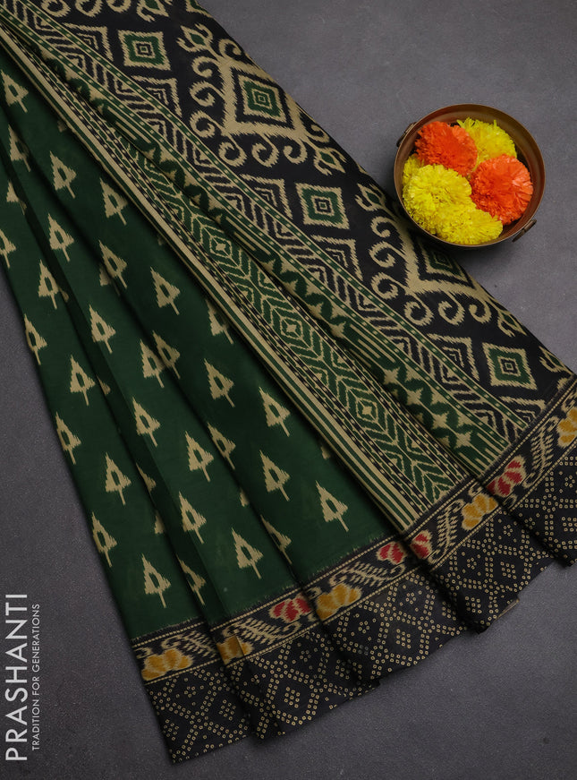 Muslin cotton saree green and black with allover ikat butta prints and printed border