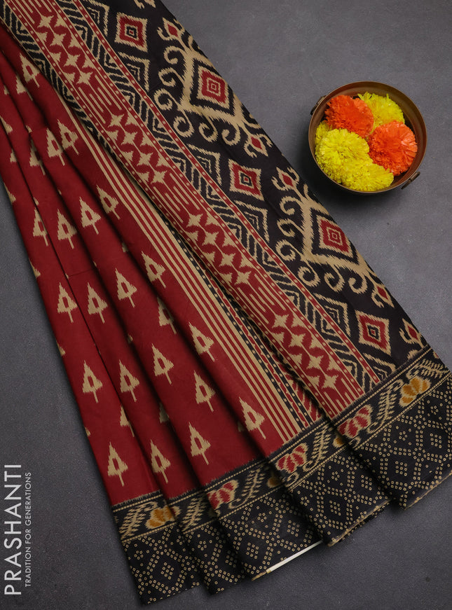 Muslin cotton saree maroon and black with allover ikat butta prints and printed border