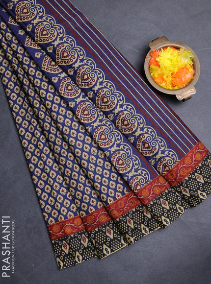 Muslin cotton saree navy blue and black with allover butta prints and printed border