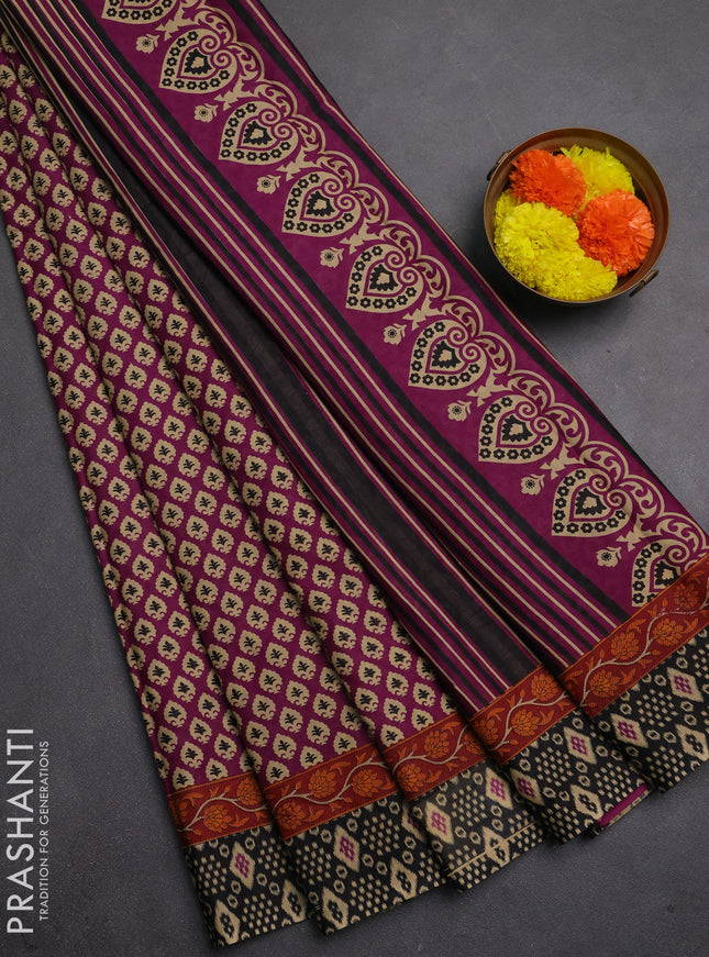 Muslin cotton saree purple and black with allover butta prints and printed border