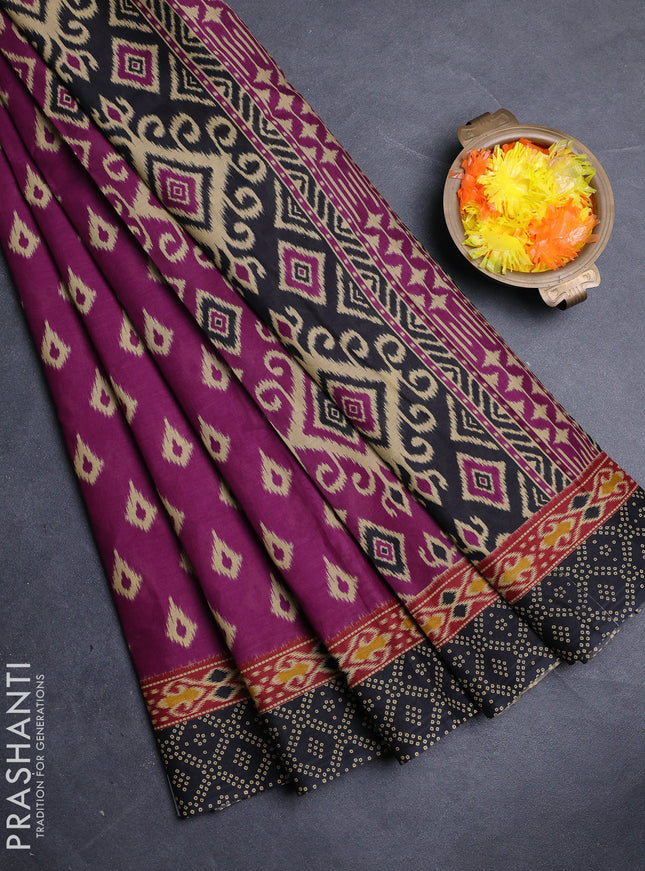 Muslin cotton saree purple and black with allover ikat prints and printed border