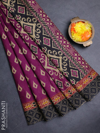 Muslin cotton saree purple and black with allover ikat prints and printed border