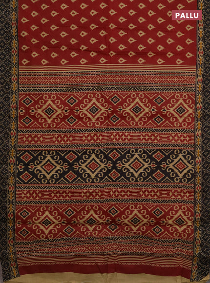 Muslin cotton saree maroon and black with allover ikat prints and printed border