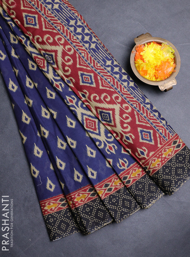 Muslin cotton saree navy blue and black with allover ikat prints and printed border