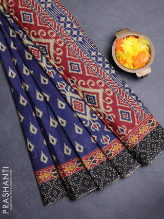 Muslin cotton saree navy blue and black with allover ikat prints and printed border