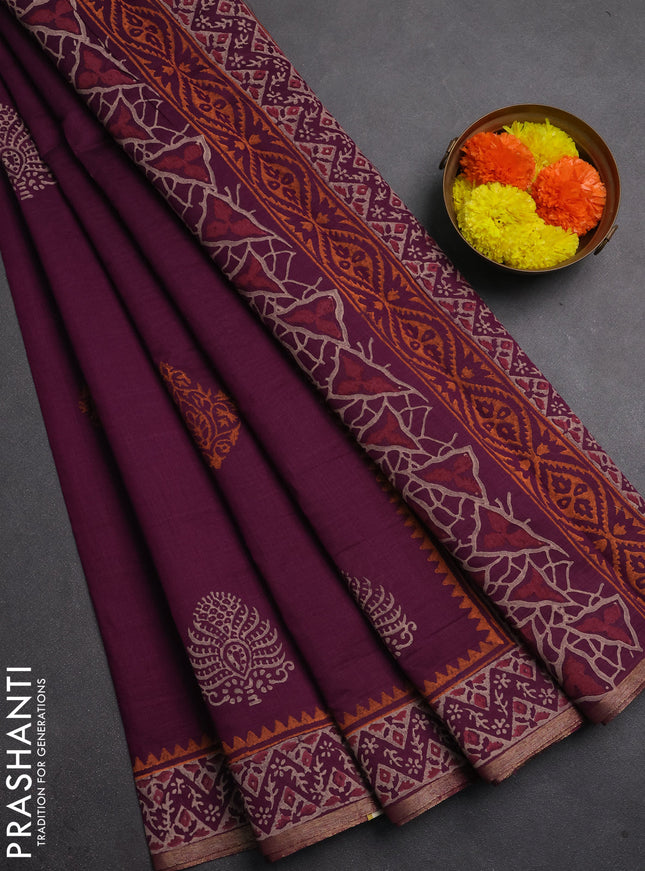 Muslin cotton saree magenta pink with black prints and printed border