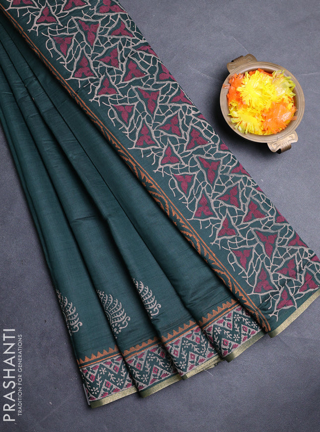 Muslin cotton saree green with black prints and printed border