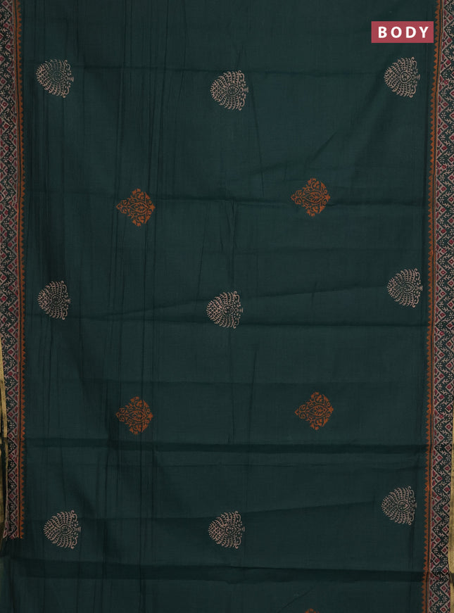 Muslin cotton saree green with black prints and printed border