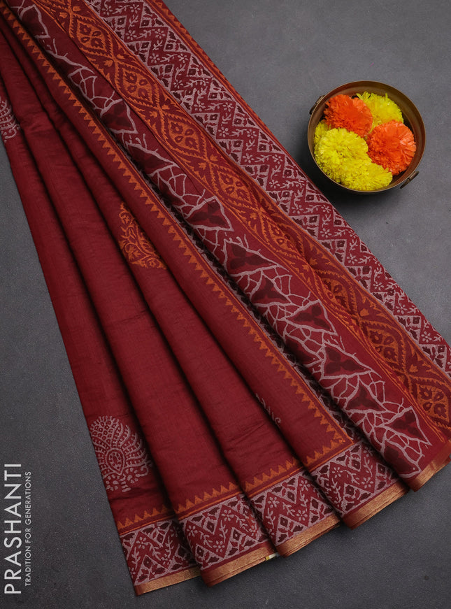 Muslin cotton saree maroon with black prints and printed border