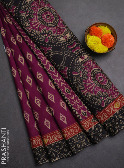 Muslin cotton saree magenta pink and black with allover ikat butta prints and printed border