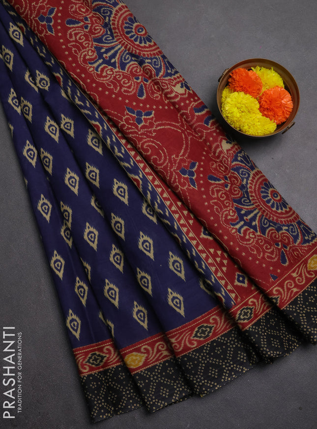 Muslin cotton saree navy blue and black with allover ikat butta prints and printed border