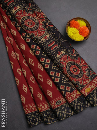 Muslin cotton saree maroon and black with allover ikat butta prints and printed border