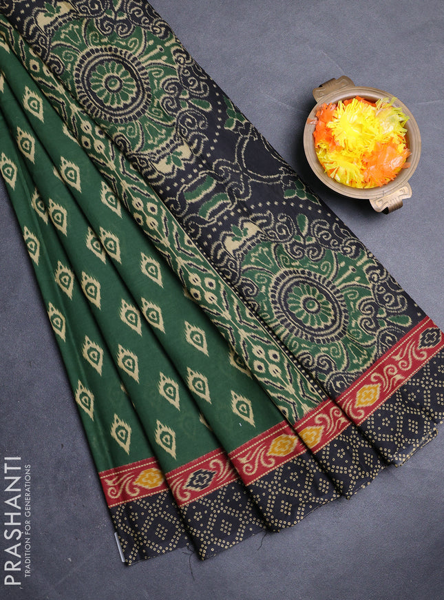 Muslin cotton saree green and black with allover ikat butta prints and printed border