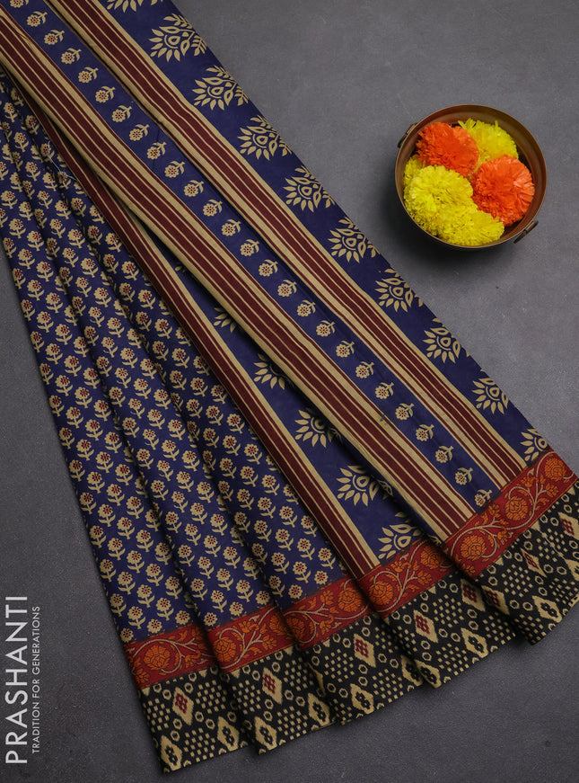 Muslin cotton saree navy blue and black with allover butta prints and printed border