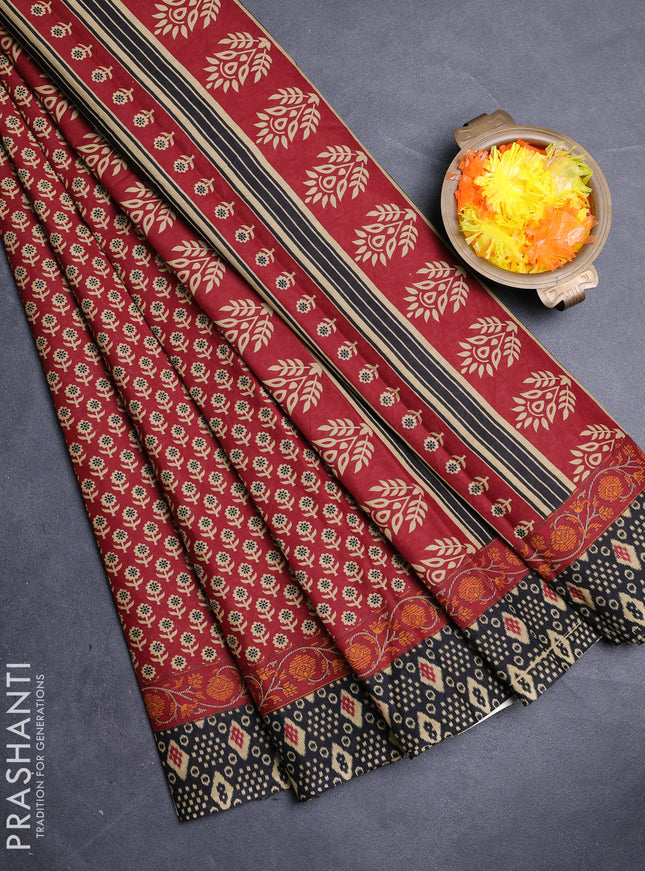 Muslin cotton saree maroon and black with allover butta prints and printed border