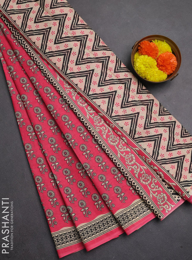 Muslin cotton saree pink and beige with allover butta prints and printed border