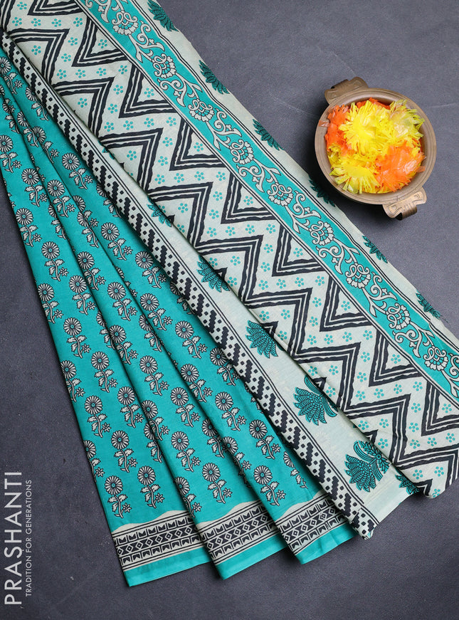 Muslin cotton saree teal green with allover butta prints and printed border