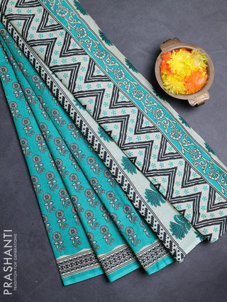 Muslin cotton saree teal green with allover butta prints and printed border