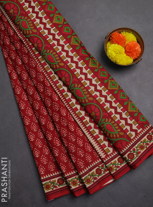 Muslin cotton saree maroon and beige with allover butta prints and printed border