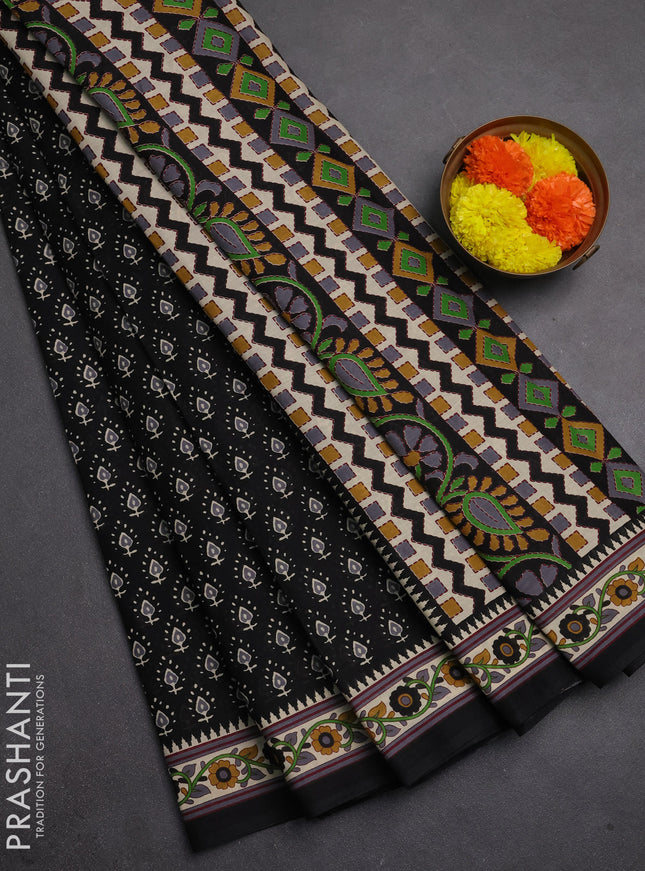 Muslin cotton saree black and beige with allover butta prints and printed border