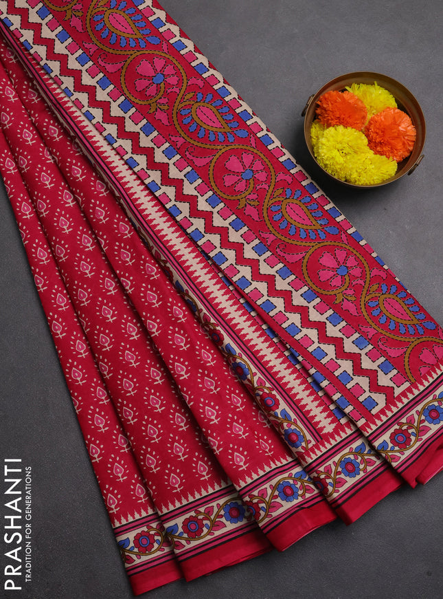 Muslin cotton saree pink and beige with allover butta prints and printed border