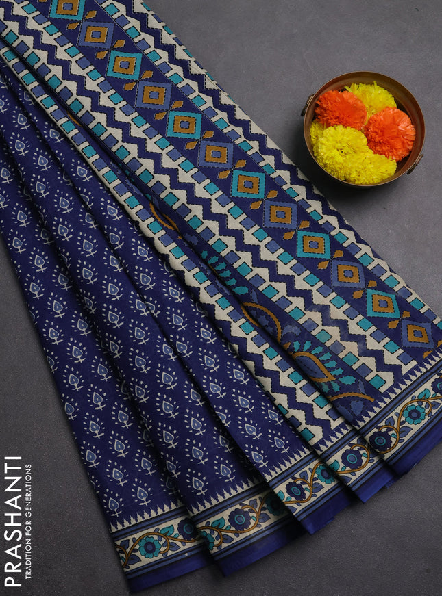 Muslin cotton saree blue and beige with allover butta prints and printed border