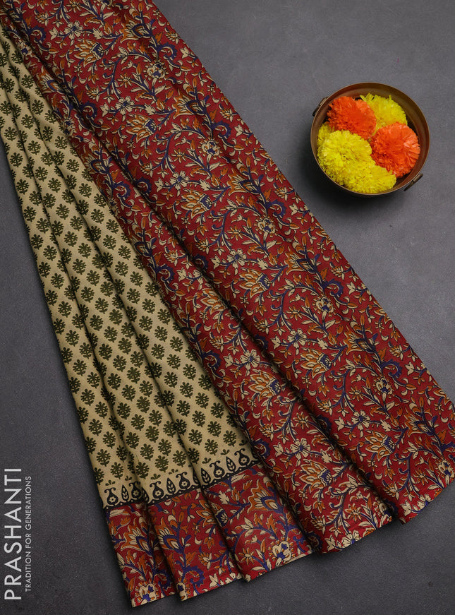 Muslin cotton saree beige green and maroon with allover butta prints and printed border