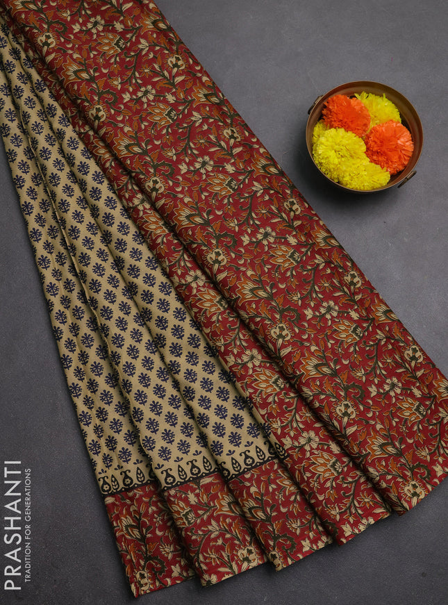 Muslin cotton saree beige navy blue and maroon with allover butta prints and printed border