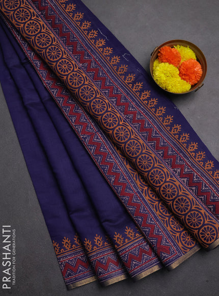 Muslin cotton saree navy blue with allover black prints and printed border