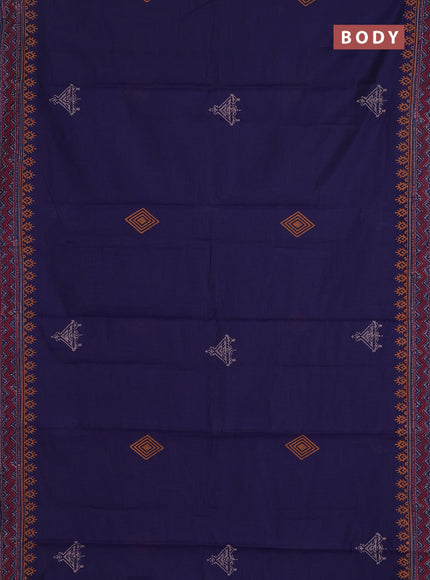 Muslin cotton saree navy blue with allover black prints and printed border