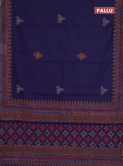 Muslin cotton saree navy blue with allover black prints and printed border