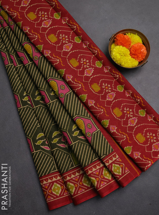 Muslin cotton saree olive green and maroon with allover patola prints and printed border