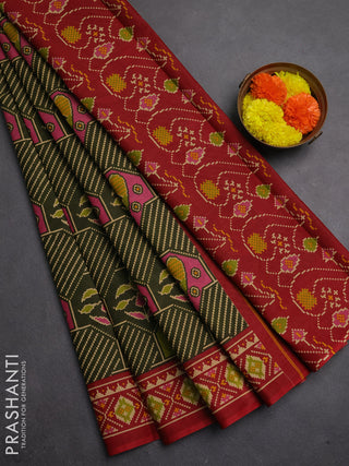 Muslin cotton saree olive green and maroon with allover patola prints and printed border
