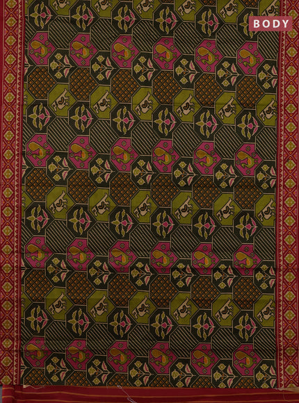 Muslin cotton saree olive green and maroon with allover patola prints and printed border