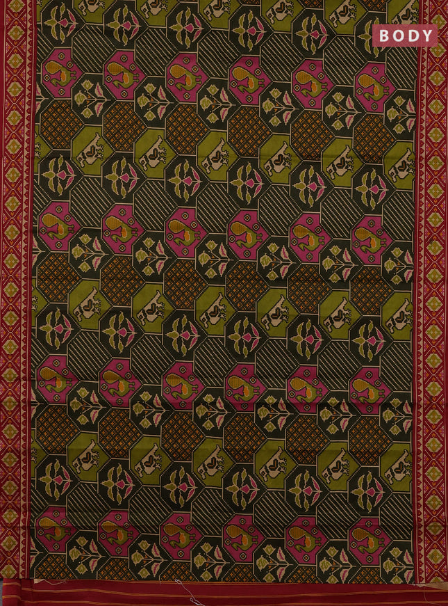 Muslin cotton saree olive green and maroon with allover patola prints and printed border